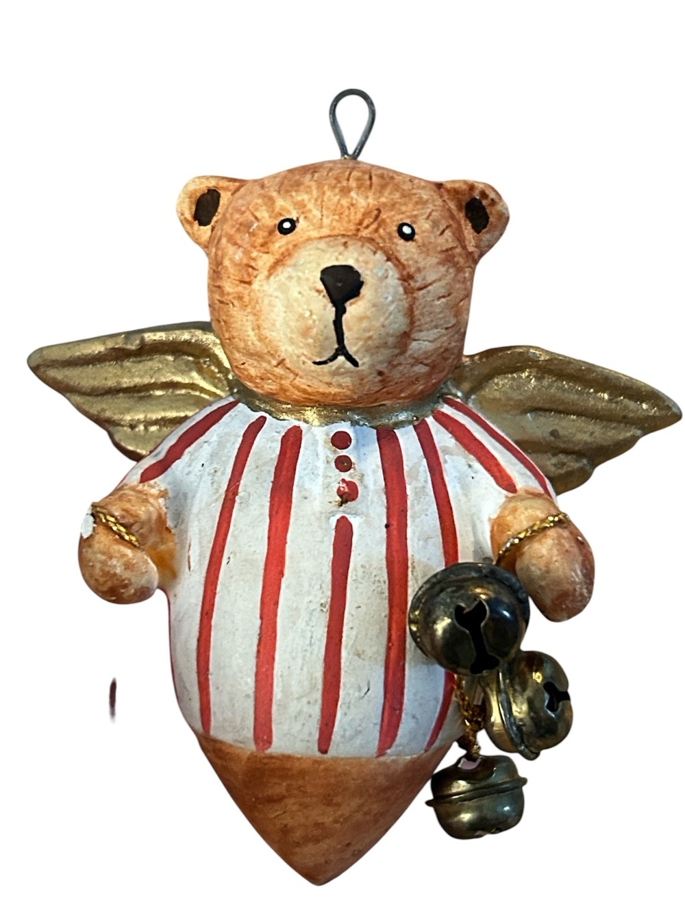 Angel bear Christmas tree ornament bear with gold wings and bells (needs repair)